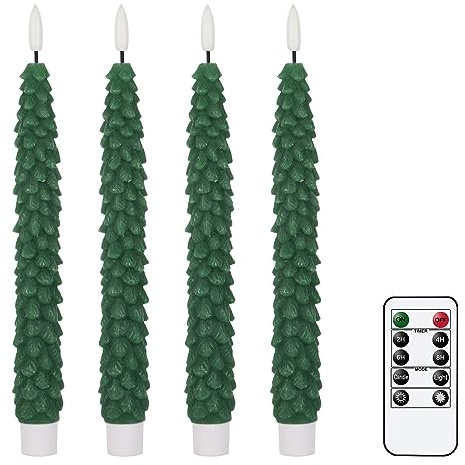 GenSwin Christmas Tree Flameless Taper Candles Flickering with Remote Timer, Real Wax LED Battery Operated Candles Warm 3D Wick Christmas Home Wedding Decor(Green, 0.78 X 9.64 Inch)