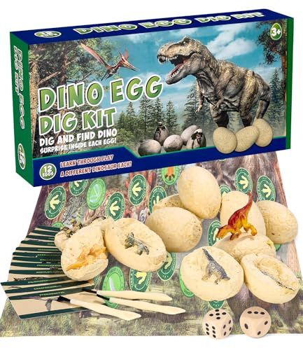 Kit di Scavo di Uova di Dinosauro 12 Pezzi,Scopri 12 Diversi Dinosauri,Set di Strumenti di scavo minerario,Regalo scientifico e giocattoli e gioco di 6-12 anni,Natale/Ringraziamento/Compleanno/Pasqua