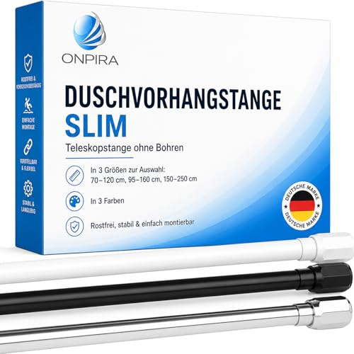 Duschvorhangstange SLIM Teleskopstange ohne Bohren – In 3 Größen zur Auswahl: 70–120 cm, 95–160 cm, 150–250 cm – In 3 Farben - Rostfrei, stabil & einfach montierbar (150-250cm, Schwarz)