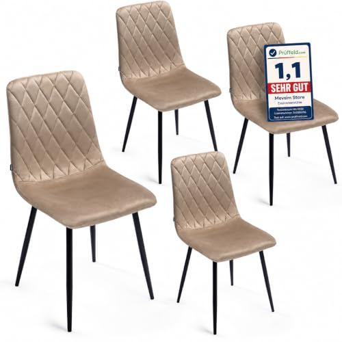 Mevsim Store Esszimmerstühle 4er Set Beige – Samt Gepolstert mit Rautensteppung – Stühle Esszimmer Modern & Bequem – Küchenstühle mit Metallbeinen Schwarz – Essstühle für Küche & Wohnzimmer