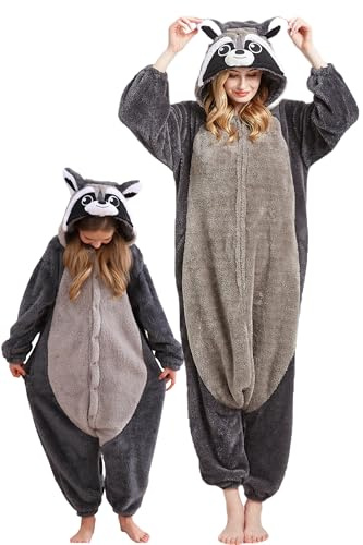 DarkCom Animal Onesie for Kids,Flannel Cosplay Gray Raccoon Halloween Costume Parent-Child Sleepwear for Girls Boys 8-9 Years