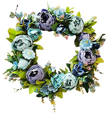 Belupai 15,7 Zoll Hortensien-Frühlingskranz für die Haustür, Künstlicher Sommergrüner Kranz mit Pfingstrosenblüten, Blühender Seidenblumen-Blumenkranz für Hochzeiten Im Innen- und(Blau)