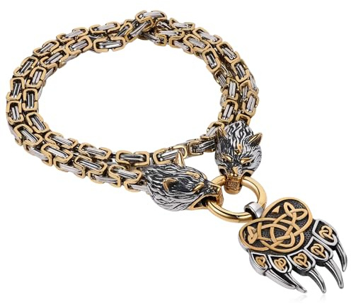 OIDEA Viking Necklace for Men: Vintage Viking Bear Claw Pendant with Wolf Head King Chain Stainless Steel Nordic Pagan Amulet Jewelry Gifts, Gold, 24'' Chain