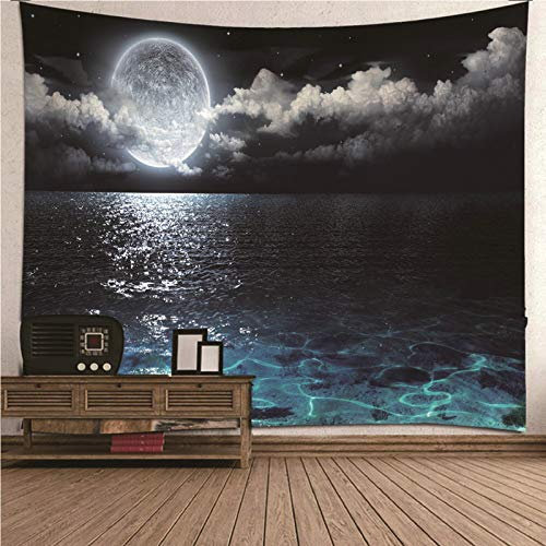 CEVAN Wandbehang Schmal Wandtuch Romantisch Mond-Wolken-Ozean Wandteppich Nordisch Wanddekoration Rustikal Kunst Dekorationen Decke Wandbehang Stoff Schwarz Und Weiß 300x250cm