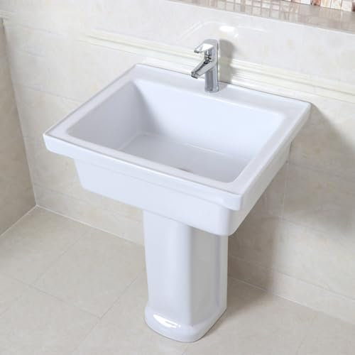 Standwaschbecken, Keramik-Sockelwaschbecken weiß, einteiliges Sockelwaschbecken, Haushalts-Badezimmerwaschbecken mit Wasserhahn- und Abflusskombination, Gästetoilettebecken