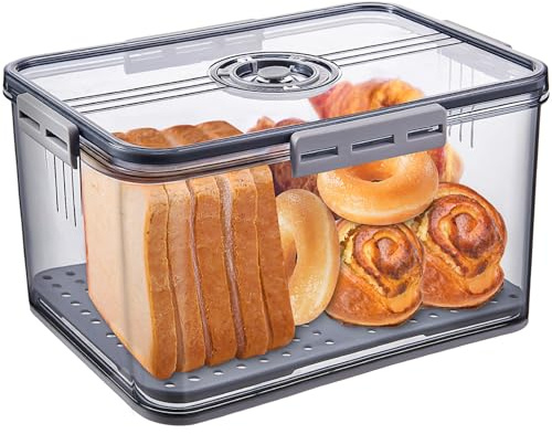 Gifhomfix Bread Box Bread Boxes for Kitchen Counter Airtight, Time Recording Bread Storage Container with Lid, Bread Keeper for Homemade Bread, Toast, Bagel, Donut and Cookies, LARGE Grey