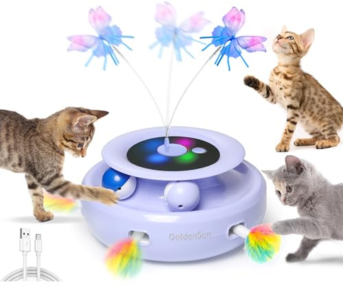 GoldenSun Jouet Interactif 3 en 1 pour Chat, Jouet électrique Automatique pour Chats, Whack-A-Mole, Papillon Flottant, Balle Incluse, Jouet Rechargeable par USB avec 4 Accessoires