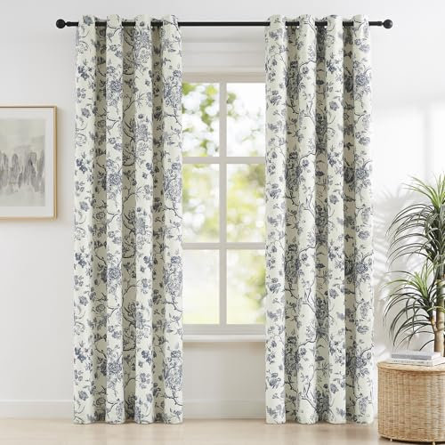Melodieux Vintage Floral Blackout Cotton Curtains for Patio Door Living Room Thermal Insulated Farmhouse Country Drapes Grommet Window Curtains Toile de Jouy, 52 by 108 in, Navy Blue, 2 Panels