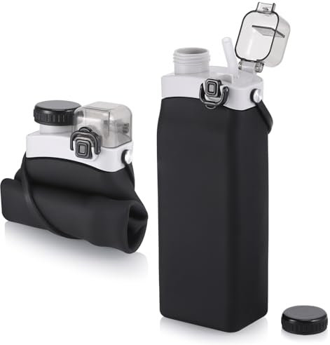 Fentar Botella Plegable, 600 ml Botella Plegable Silicona, Botella Agua Plegable Resistente Al Calor, Botella Agua con Pajita, Botella Agua sin BPA, Botella a Prueba de Fugas, Negro