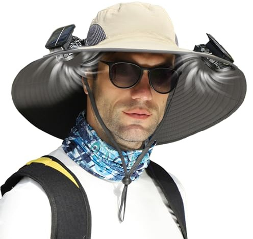 Sombrero De Pesca Al Aire Libre con Ventilador Solar De ala Ancha - Carga Solar Y USB | Sombrero De Protección Solar | Sombrero para El Sol con Protección UV De Verano con 2 Ventiladores | UPF50+