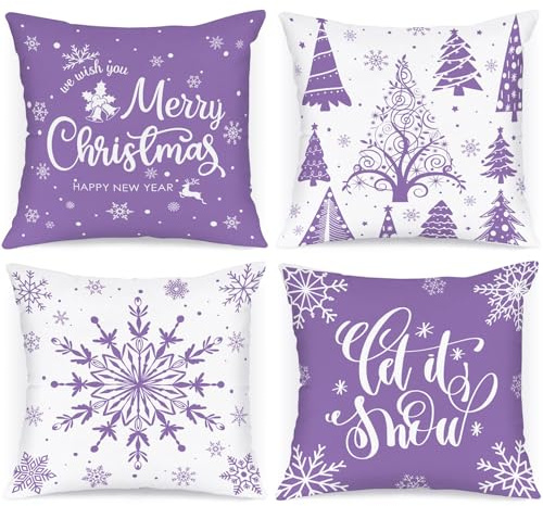 Lanpn 4 Stück Weiß und Lila Kissenbezug Weihnachten Kissenhülle 40x40 cm, Winterliche Schneeflocken Dekorative Weihnachtskissen für Weihnachtsdeko Christmas Bettwäsche Sofa Decorations (Lila)