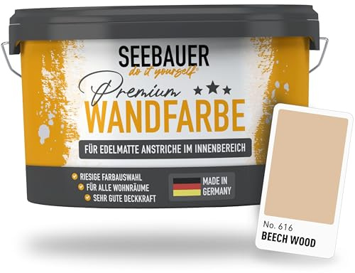 SEEBAUER diy Wandfarbe Braun 2,5L für Innen (No. 616 Beech Wood) Edelmatte hellbraune Innenfarbe - Brauntöne sehr hohe Deckkraft - Matt, Abwaschbar und Tropffrei