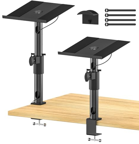 Desktop Clamp Speaker Stands Pair of Studio Monitor Stands with Height & Angle Adjustable Bookshelf Desk Speaker Stands - Heavy Duty Metal Studio Monitor Speaker Stand Clamp-on Desk
