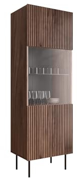 Mirjan24 Standvitrine Trigev mit Tür, 5 Fächer (Nuss Warmia) | Elegante Hochvitrine mit gehärtetem Glas, geriffelten Fronten, Soft-Close-System und schwarzen Stahlfüßen