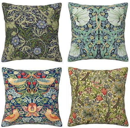 WWOOPLL William Morris Set med 4 kuddöverdrag 50 x 50 cm, vintage botanisk blommig trädgård heminredning örngott prydnadskuddar kuddöverdrag för vardagsrum bäddsoffa, 50 x 50 cm