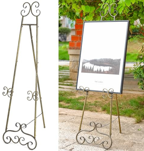 YiLifebes 56 H Metal Scroll Extra Large Free Standing Adjustable Display Easel, Vintage Decorative Floor Display Stand Easel with Chain Support for Picture Frame Wedding Sign