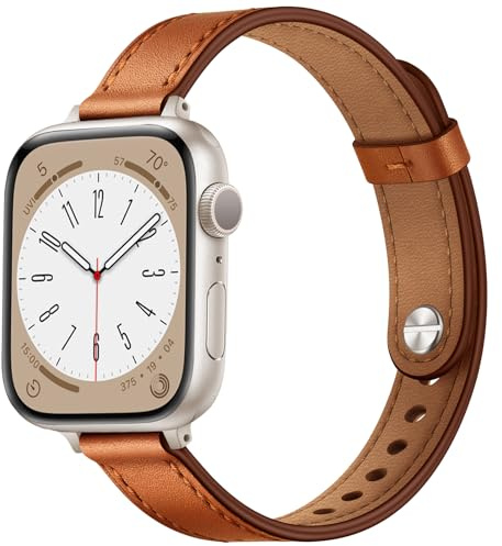 OUHENG Schlankes Armband, kompatibel mit Apple Watch, 41 mm, 40 mm, 38 mm, 49 mm, 45 mm, 44 mm, 42 mm, dünnes Ersatzarmband für Damen, echtes Leder, dünnes Ersatzband für iWatch Ultra 2/1, SE2 SE