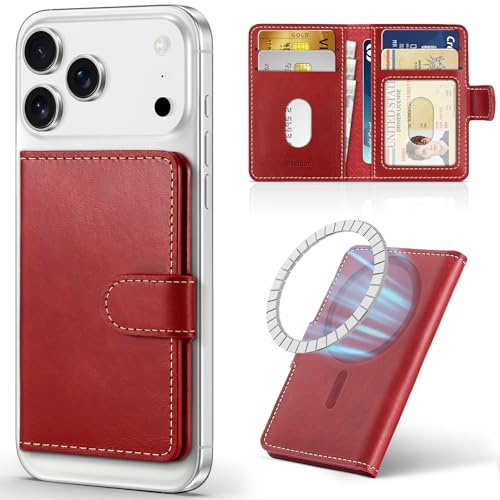 SHIELDON für MagSafe Wallet, Echtleder Mini-Geldbörse [Magnetische] [RFID Blocker] [ID-Fenster] [Abnehmbare] Handy Kartenhalter Kompatibel für iPhone 17 Pro/Max/Air/16/15/14/13/12 Series - Retro Rot