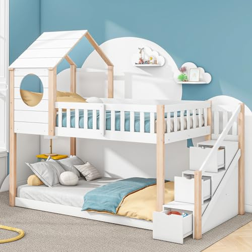 Bunk Bed Wooden Bunk Beds for Kids, 3ft Wooden Kids Bunk Bed with Treehouse Canopy&Stairs with Storage Drawers, Twin Sleeper Kids Bed Solid Pine Wood Bed Frame Double Bed Frame with Guardrails,Natural
