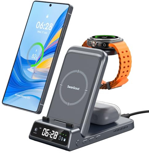 Cargador Inalámbrico para Samsung S25/Watch 8/8 Classic, 3 in 1 Estación de Carga para Samsung S25+/S25 Ultra/S24/S23/Fold 7, Galaxy Watch Ultra 2025/7/6/5/4, Galaxy Buds, SwanScout 703S (No Adapter)