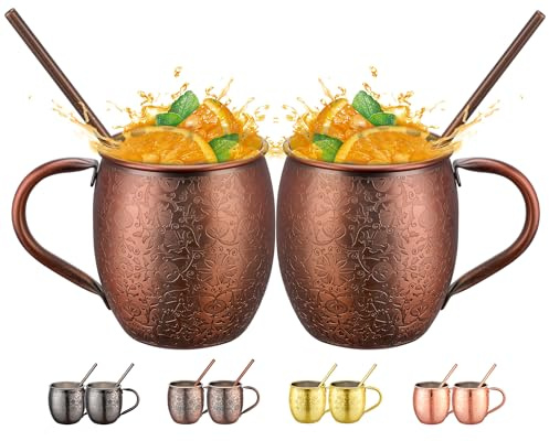 UNISWEET Moscow Mule Mugs Set Of 2, Vintage Copper Plating Mugs With 304 Stainless Steel Lining, Mule Mugs Cocktail Set, 500ml Large Capacity,Perfect For Bars Or Parties, As Well As Gift Giving