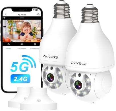 2K Camara Vigilancia Wifi Interior Bombilla, Camaras Sin Cables (2.4/5 GHz) | Visión Nocturna Color, Detección Movimiento, Seguimiento Automatico, Audio Bidireccional, Alexa, E27 Estándar (Pack2)