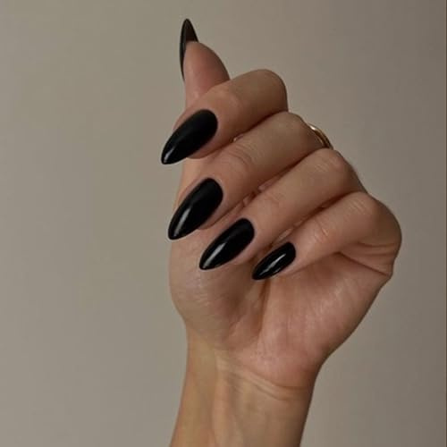Black False Nails - 24pcs Medium Length Press on Nails - 12 Sizes Solid Color Stick on Nails - Almond French Tip False nails - Full Cover Natural Stiletto Acrylic Fake Nail with Glue