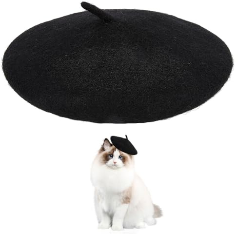 GORGECRAFT Cappello Basco per Gatti Berretto Cani Fascia Capelli in Lana Animali Domestici Cucciolo Artista Francese Berretto Mini Cappellini Copricapo Cani di Piccola Taglia Cosplay Carnevale Nero