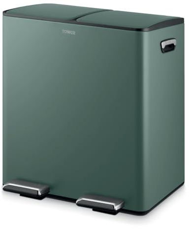 Tower T838022FOR Pattumiera a pedale con due scomparti da 20 litri, corpo in acciaio al carbonio, due secchi interni, 40 l, verde foresta