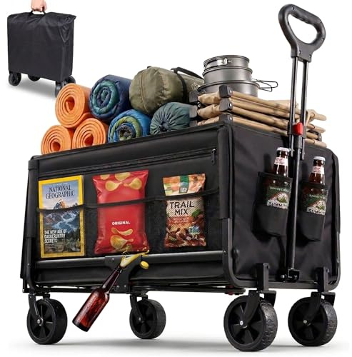 Albatros Carro plegable de 120 l con abridor de botellas y soporte para bebidas, carro de mano plegable con tiras reflectantes, apertura trasera y cubierta, carrito de transporte al aire libre para