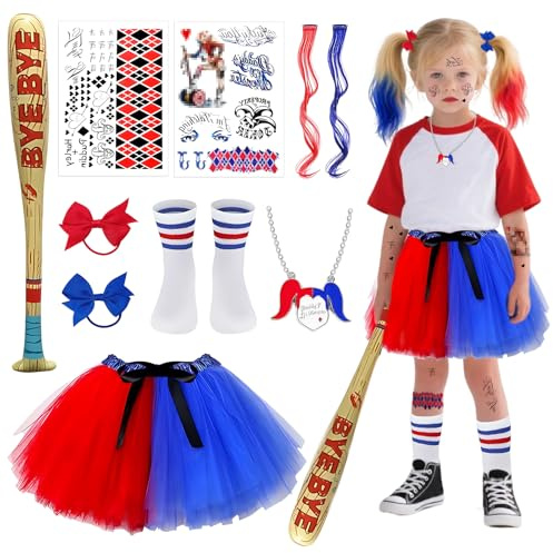 Byhsoep Carnevale Costume Set Bambina, Halloween Costume Cosplay da Bambini, Halloween Gonna in Tulle con Mazza da Baseball Gonfiabile, Calzini, Collana, per Carnevale Halloween Outfits