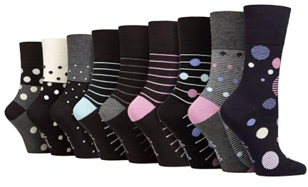 SOCK SHOP MJUKT GRIP - Dam bambu icke-elastisk bomull mönstrade strumpor - 9-pack | lösa toppstrumpor för cirkulationsstöd, stil 1, 37-42 EU