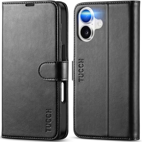 TUCCH Fodral kompatibelt med iPhone 17 6,3 tum 2025 | magnetiskt fällbart fodral, RFID-blockerare mobiltelefonfodral 4 kortfack, stativ, stötsäkert TPU-innerfodral, PU-läder, svart