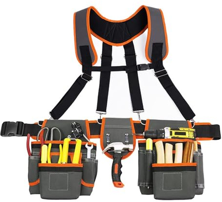 Riaisttd Cintura portautensili con bretelle, staccabile a sgancio rapido, cintura professionale per attrezzi da uomo, con 18 tasche, per edilizia, idraulica, cablaggio elettrico, tetto