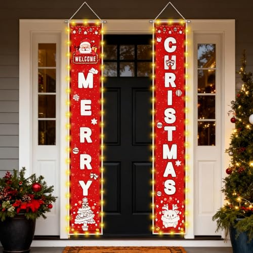 Cartel Iluminado de Feliz Navidad | Cartel de Puerta de Navidad con luz LED | Letrero Colgante para Puerta, Porche, Suministros de decoración de para Patio, Puerta Delantera, Pared, 180 x 30 cm