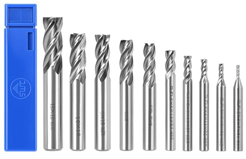 QWORK® 10pcs 4-Flute End Mill Set 2/3/4/5/6/7/8/9/10/12mm, High Speed Steel Metric CNC Milling Cutter Drill Bits for Wood, Aluminum, and Steel