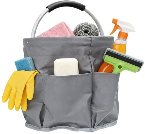 Hiuyavy Cleaning Caddy with Handle, 17L Foldable Cleaning Bucket Organizer with 6 Small Pocket for Space Saving, Multi Pocket Tool Bag for Home Kitchen Bathroom Office (Grey)