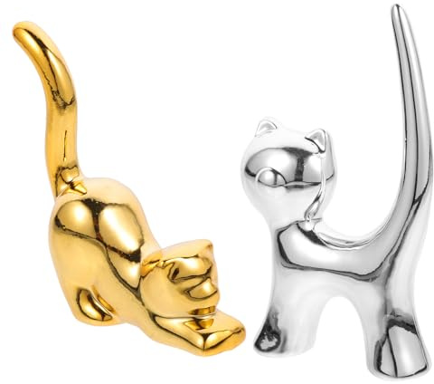 Housoutil Porta Anelli in Ceramica a Forma di Gatto 2 Pezzi Supporto per Anelli Piccolo e Stabile da Toeletta Decorativo per Donna Espositori Gioielli per Casa e Negozio