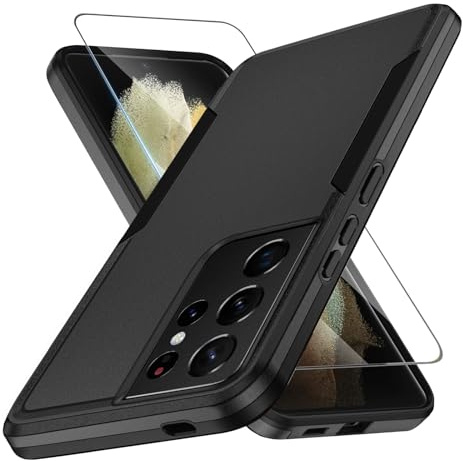 KOGENG Handyhülle für Samsung Galaxy S21 Ultra Hülle mit Schutzfolie, Matt PC Hard Rückseite Anti-Fingerabdruck Kratzfest TPU Bumper Stoßfest Haltbar Schutzhülle für Samsung S21 Ultra Case (Schwarz)