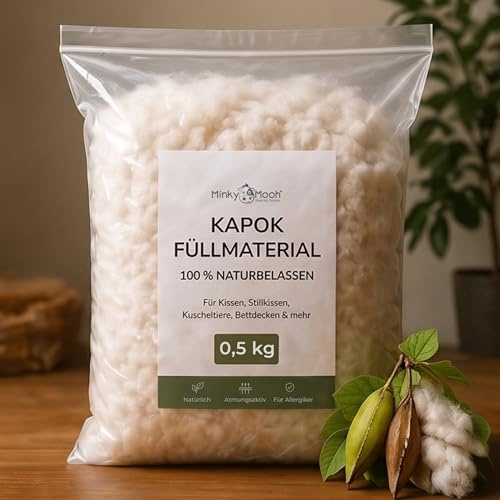 Minky Mooh® 0,5 kg Kapok Füllmaterial (Öko-Tex 100) vegan & 100% naturbelassen - Kapokwolle & Füllwatte für Allergiker - Atmungsaktive Kapokfaser Wolle für Füllung von Stillkissen, Kissen, Matratze