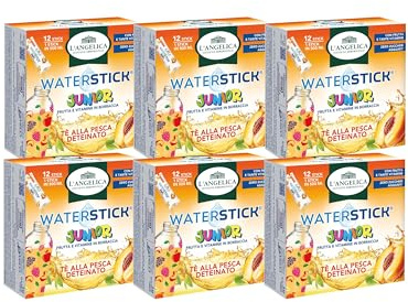 L'Angelica, Waterstick Junior, Gusto Tè alla Pesca Deteinato, Con Frutta, Vitamine, Zero Zuccheri Aggiunti, 6 Astucci da 12 Stick