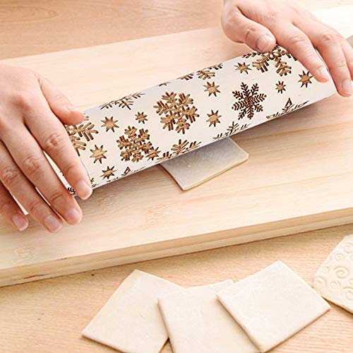 Generic Mattarello Natalizio in Legno con Motivo a Fiocchi di, per Goffratura, per Biscotti, Pasticceria, Pizza e Fondente con Manico Ergonomico per Dolci e Regali