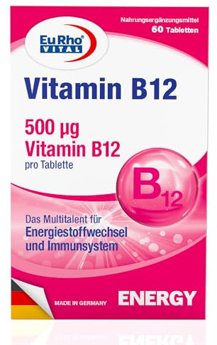 Vitamin B12 vegane Tabletten hochdosiert | 500 μg reines Vitamin B12 pro Tagesdosis | Nahrungsergänzung für Energie, Immunsystem und Nerven | Vorratspackung für 2 Monate