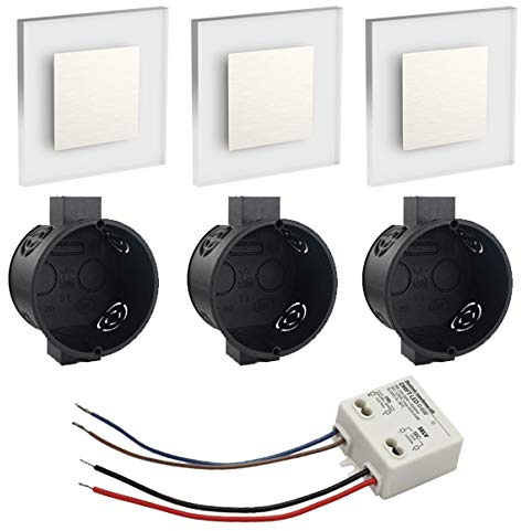 Premium Set LED Wandeinbaustrahler Treppenlicht Wandstrahler Treppenbeleuchtung Satinglas für Treppen, Möbel, Flur etc. eckig quad quadratisch inkl. Up-Dose und Trafo für 230V kaltweiß WB2 (3er Set)