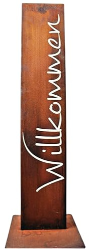 Rostikal | Willkommen Schild | Garten Stele | Edelrost Gartendekoration auf Bodenplatte | Rostoptik 100 cm