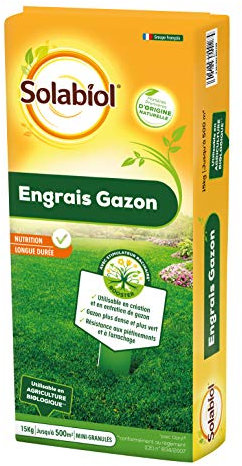 SOLABIOL Engrais Gazon Longue Durée - Sac 15 Kg - Jusqu'à 500m² - Utilisable En Création & En Entretien De Gazon - Résiste Au Piétinement - Gazon Plus Dense & Plus Vert SOGAZY15