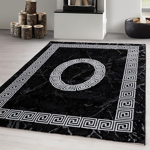Carpetsale24 Teppich 160x230 cm Schwarz Kurzflor Mäander Bordüre Design Moderner Teppich für Wohnzimmer Schlafzimmer Flur Küche Esszimmer Kinderzimmer Pflegeleicht Weich
