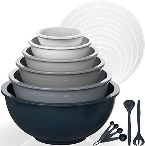 AIKKIL Rührschüssel 6er set, Plastiknist Salatschüssel mit Deckel, Schüssel mit Deckel, Enthält 2 Gabeln & 4 Messlöffel, BPA-frei & Stapelbar, ideal zum Mischen und Servieren(Grauer,18)
