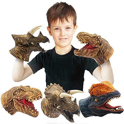 CreepyParty Dinosaurier Handpuppen Dino Spielzeug Latex Raptor Realistische Puppe Weicher Tierkopf Gummispielzeug Set T Rex Puppe Tyrannosaurus Dilophosaurus Triceratops 3er Pack