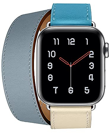 Compatible with Apple Watch Strap 38/40/41mm Slim Genuine Leather Replacement Double tour WristBand for iWatch SE Series 7/6/5/4/3/2/1 (38/40/41mm, Double Tour-Sky/White)